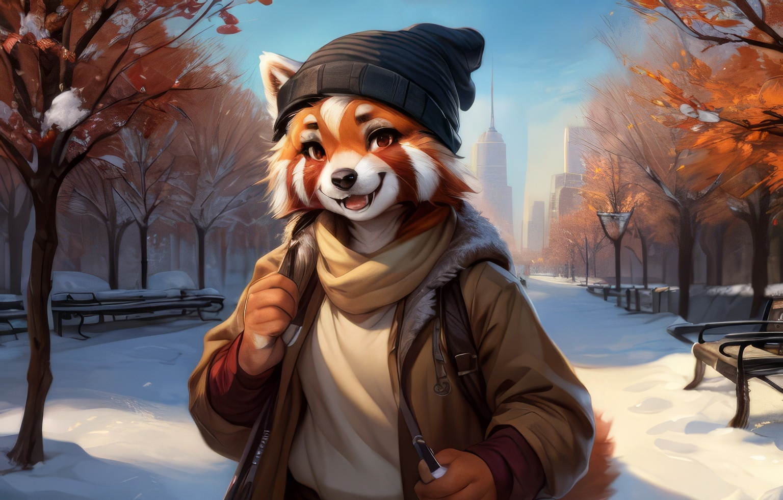 Furry art by Wolfmks #219 - My, Furry, Furry art, Neural network art, Art, Furry red panda, Winter, Snow, Winter clothing, Wallpaper, Desktop wallpaper, Longpost