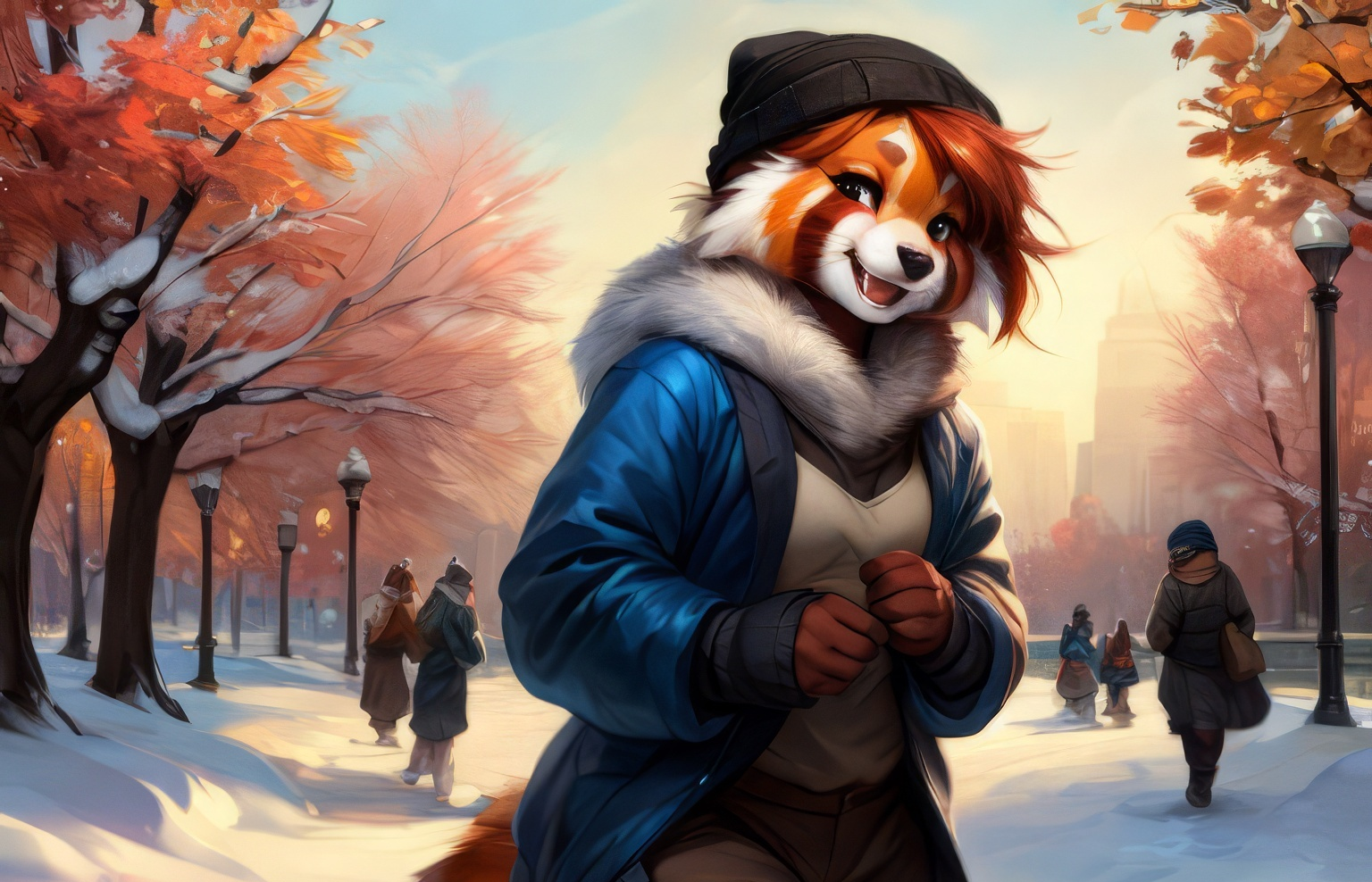 Furry art by Wolfmks #219 - My, Furry, Furry art, Neural network art, Art, Furry red panda, Winter, Snow, Winter clothing, Wallpaper, Desktop wallpaper, Longpost