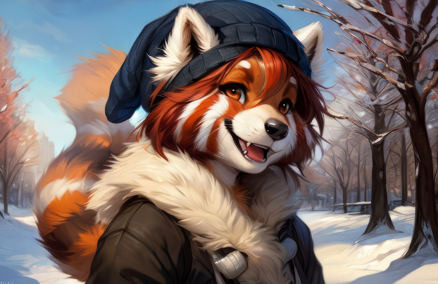 Furry art by Wolfmks #219 - My, Furry, Furry art, Neural network art, Art, Furry red panda, Winter, Snow, Winter clothing, Wallpaper, Desktop wallpaper, Longpost