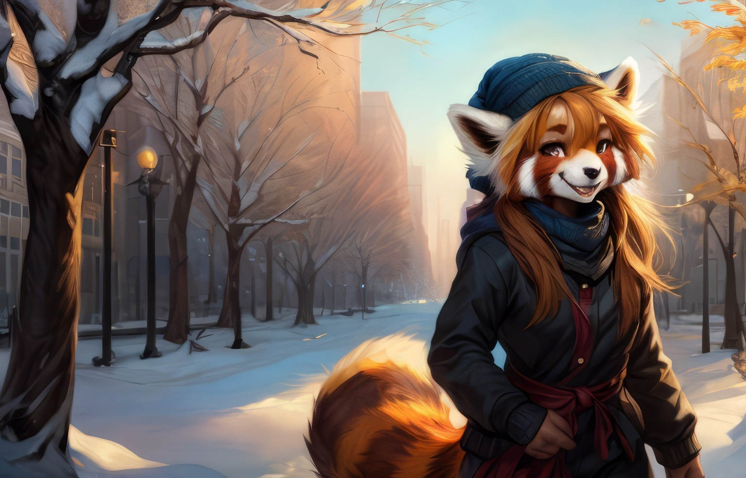 Furry art by Wolfmks #219 - My, Furry, Furry art, Neural network art, Art, Furry red panda, Winter, Snow, Winter clothing, Wallpaper, Desktop wallpaper, Longpost