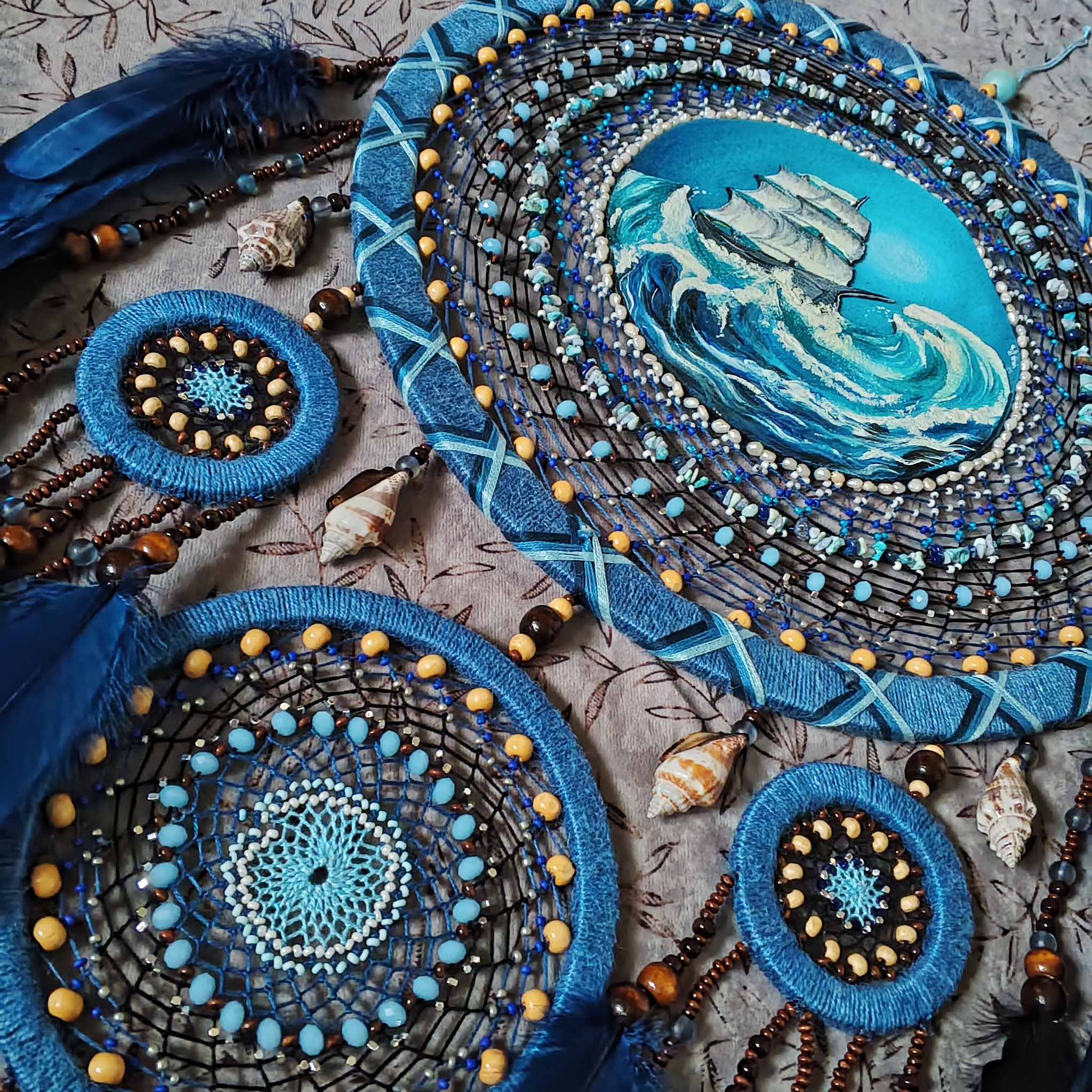 Dreamcatcher Beautiful Waves with natural stones - My, Dreamcatcher, Presents, Needlework without process, Needlework, Decor, Longpost