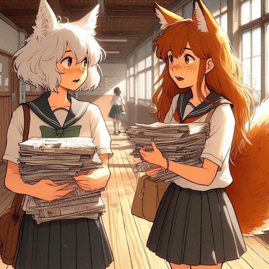 Rural journalism - My, Neural network art, Нейронные сети, Art, Girls, Anime, Anime art, Kitsune, Animal ears, Tail, Hurricane, Reportage, Journalism, Rural life, Ginger & White, Original character, Mat, Longpost