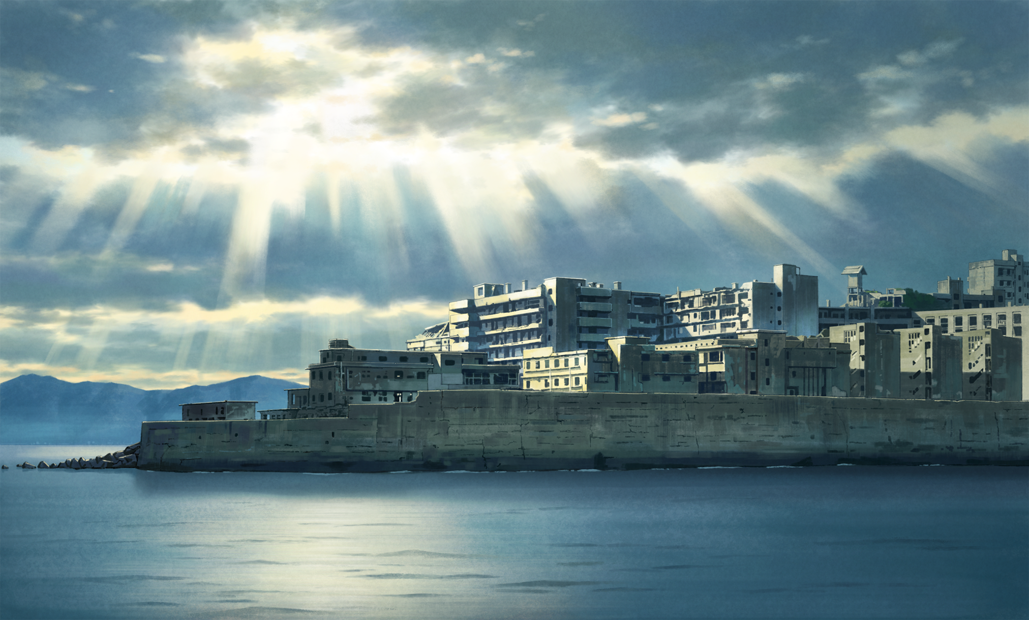 Gunkanjima - Art, Illustrations, Landscape, Sky, Clouds, Twilight rays, Sea, Island, Ruin, Ghost Island, Hashima, Japan