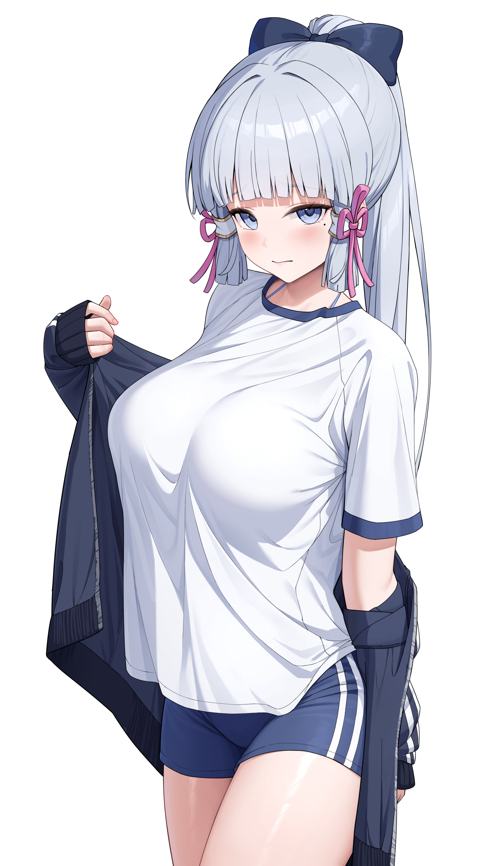 Kamisato Ayaka #003 - Anime, Anime art, Genshin impact, Kamisato Ayaka (Genshin Impact), Girls, T-shirt, Shorts, Embarrassment, Jacket, Long hair, Tail, Bow, Rosumerii