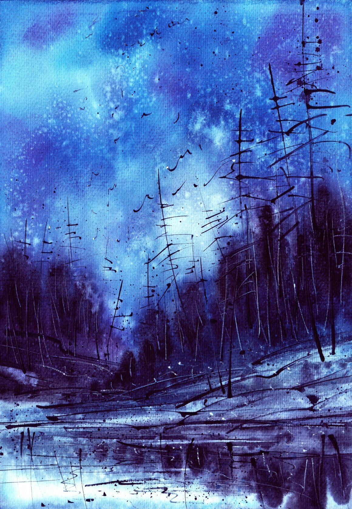 Winter evening... - My, Watercolor, Paper, Drawing, Landscape