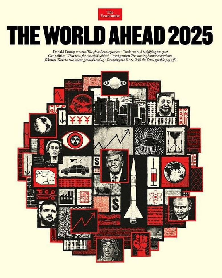 Cover of The Economist 2025 - My, Mystery, The Economist, Zionism, Donald Trump, Vladimir Putin, Forecast, Rebus, West, Dollars, Nuclear threat, City, Saturn, Kronos, Saturn Devouring His Son, All-seeing eye, Hype, Hype, Ursula von der Leyen, Politicians, Politics, Longpost