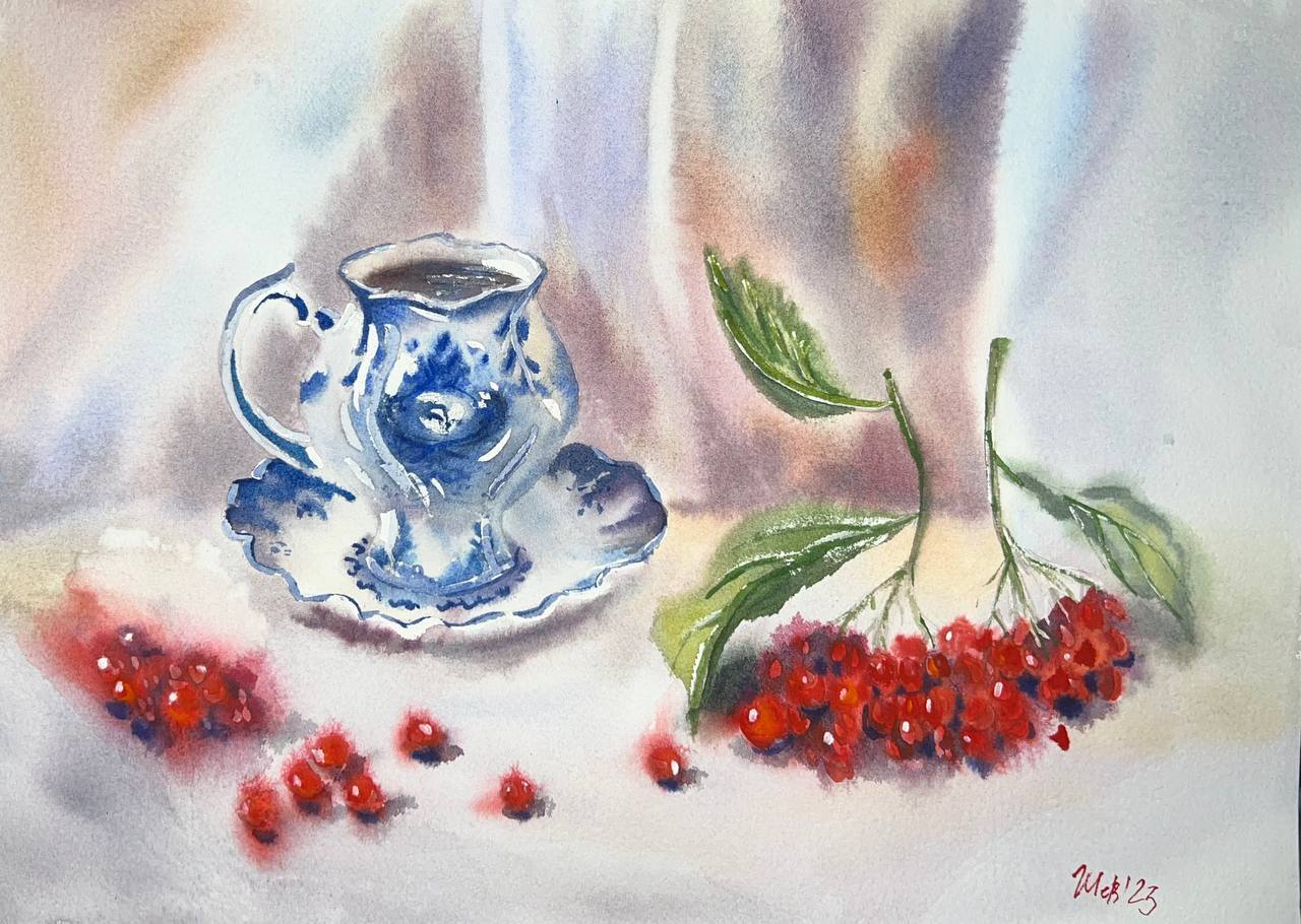 Watercolor. Still life with viburnum - My, Watercolor, Graphics, Art, Painting, Still life