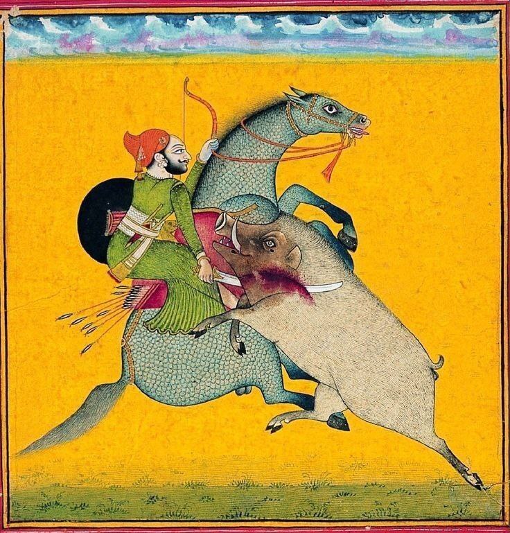 Attacking Pig - Art, Hunting, Boar, Horses, India, Miniature, Eggs, Hooves