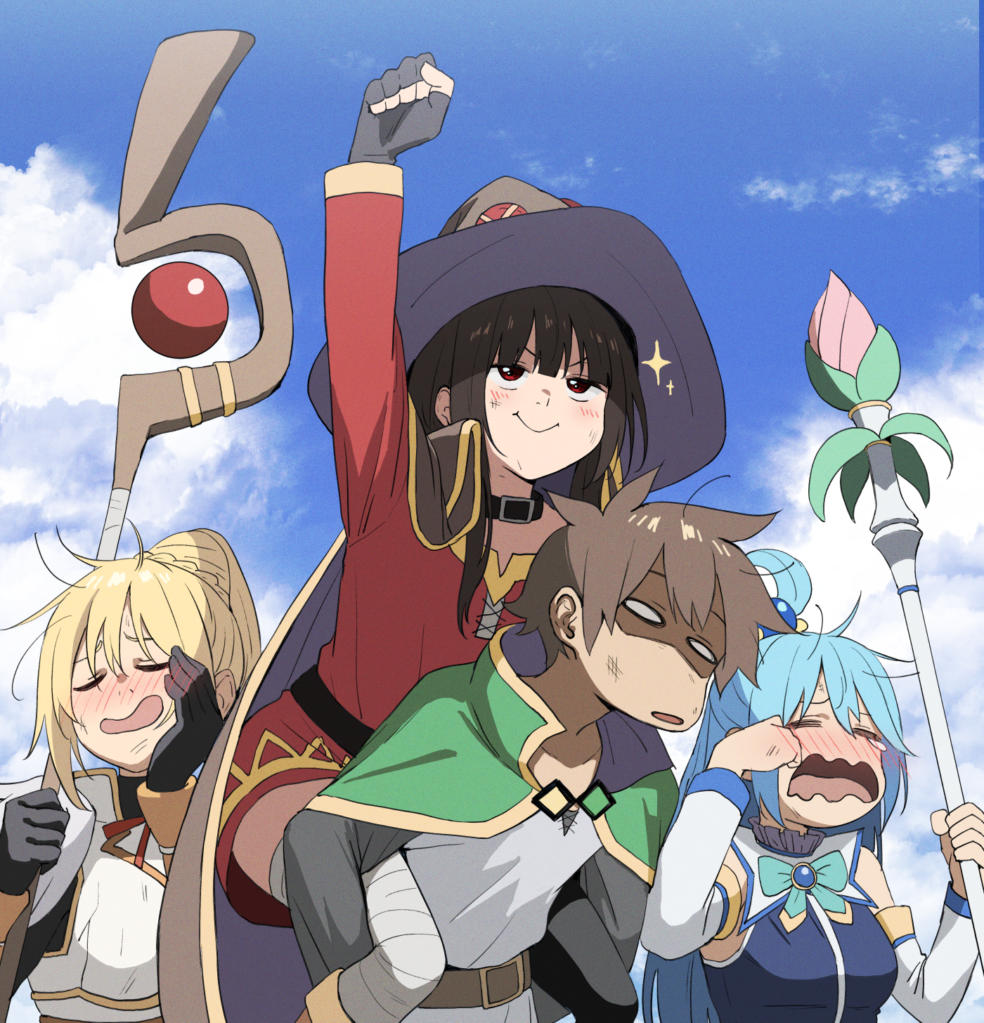 Triumphant return - Anime, Anime art, Konosuba, Satou kazuma, Megumin, Aqua, Darkness, Bhive003