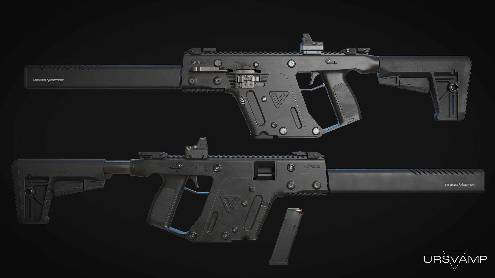 Kriss Vector CRB G2 - Моё, Blender, 3D моделирование, 3D, Оружие, Компьютерная графика, Digital, Low poly, Substance painter, Рендер, Длиннопост