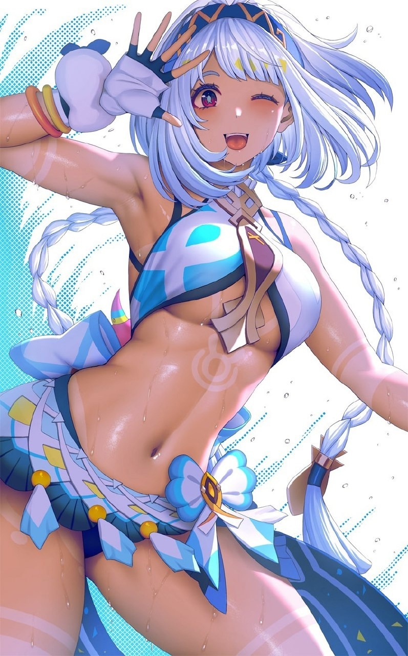 Mualani - Art, Anime, Genshin impact, Anime art, Mualani (Genshin Impact), Tan line, Swimsuit, Girls, Game art, White hair, Armpits, Stomach, Navel, Hips, Red eyes