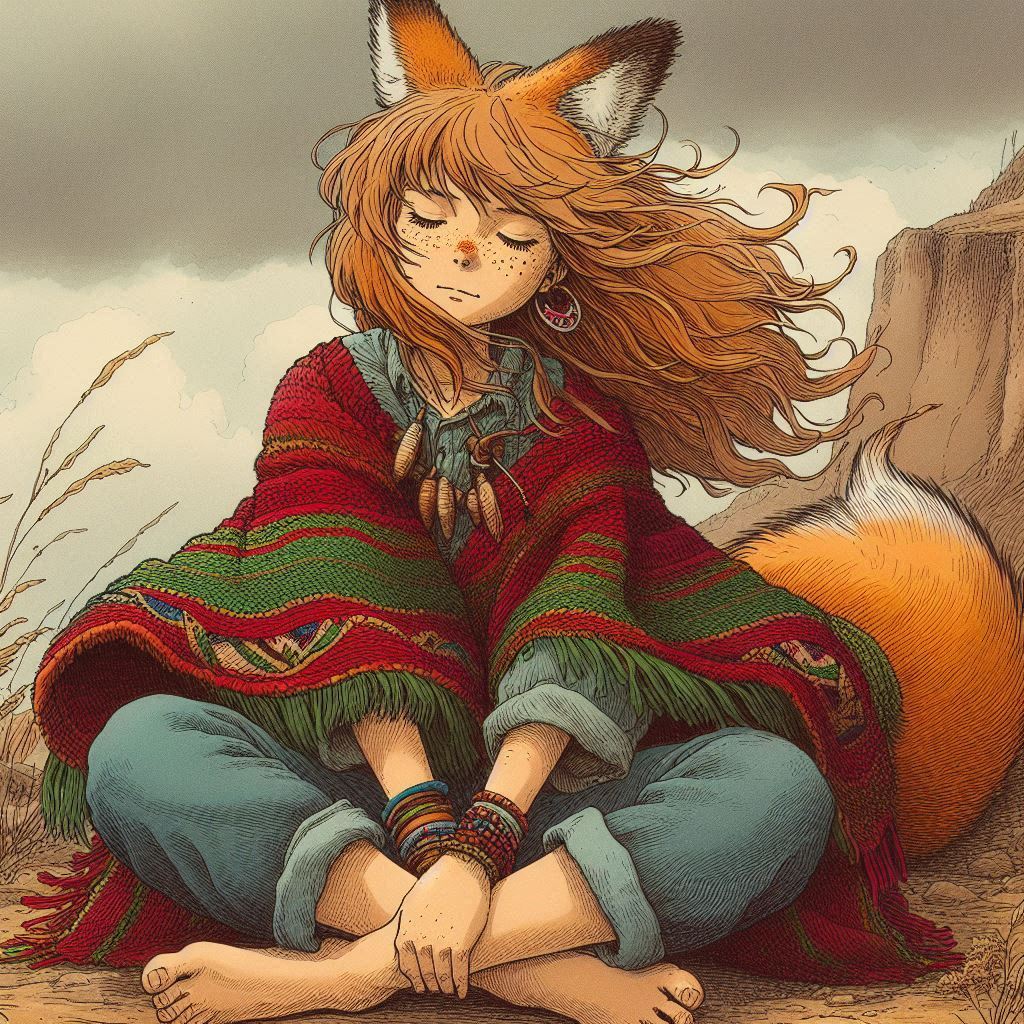 Melancholy of the Leaden Sky - My, Neural network art, Нейронные сети, Art, Girls, Anime, Anime art, Original character, Animal ears, Tail, Kitsune, Redheads, Freckles, Guitar, Autumn, Poncho, Melancholy, Ginger & White, Longpost