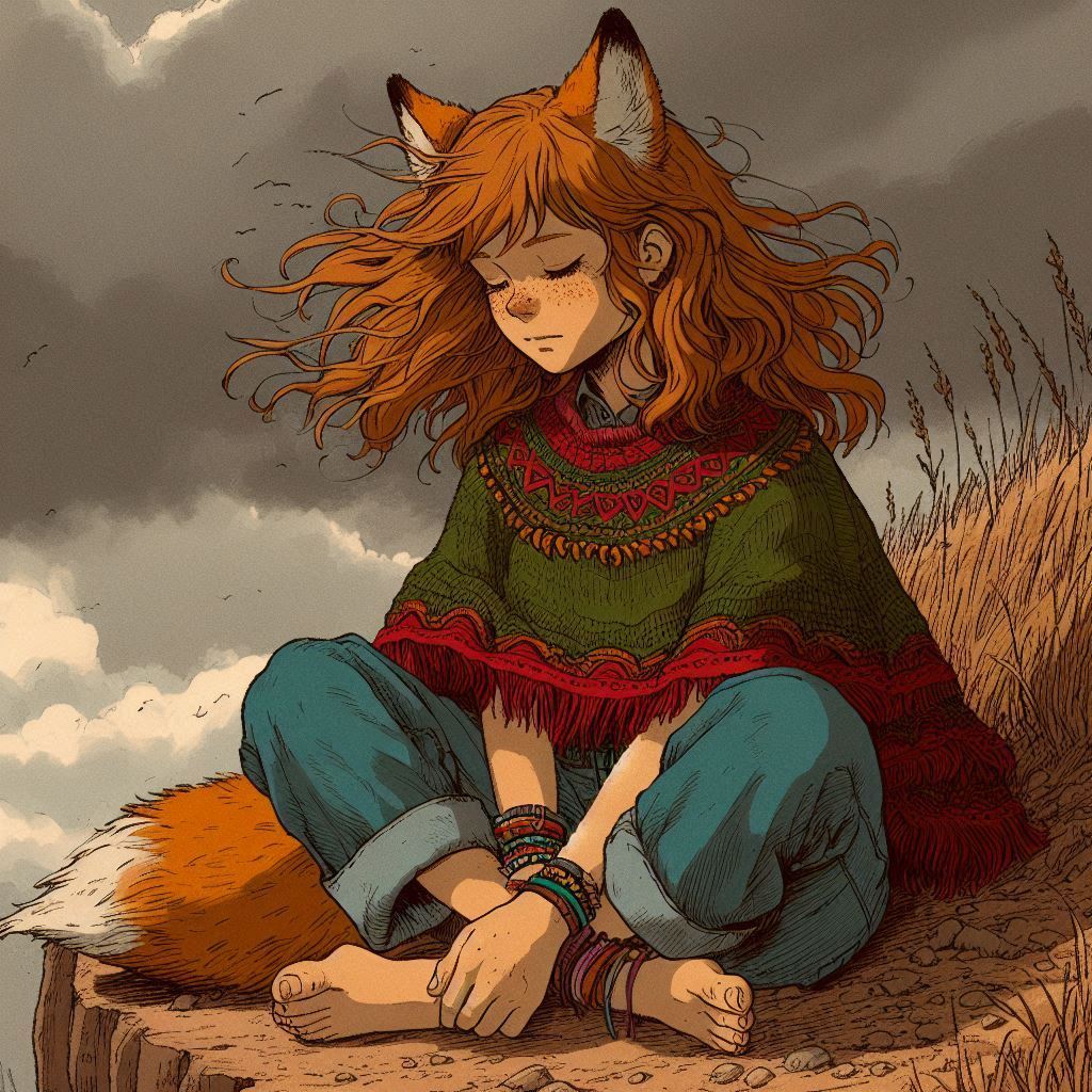 Melancholy of the Leaden Sky - My, Neural network art, Нейронные сети, Art, Girls, Anime, Anime art, Original character, Animal ears, Tail, Kitsune, Redheads, Freckles, Guitar, Autumn, Poncho, Melancholy, Ginger & White, Longpost