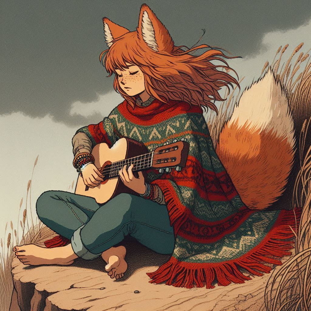 Melancholy of the Leaden Sky - My, Neural network art, Нейронные сети, Art, Girls, Anime, Anime art, Original character, Animal ears, Tail, Kitsune, Redheads, Freckles, Guitar, Autumn, Poncho, Melancholy, Ginger & White, Longpost