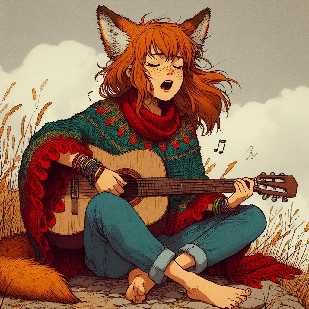 Melancholy of the Leaden Sky - My, Neural network art, Нейронные сети, Art, Girls, Anime, Anime art, Original character, Animal ears, Tail, Kitsune, Redheads, Freckles, Guitar, Autumn, Poncho, Melancholy, Ginger & White, Longpost