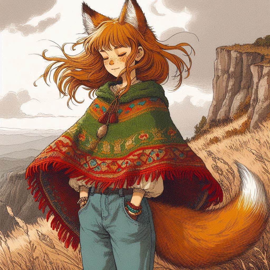 Melancholy of the Leaden Sky - My, Neural network art, Нейронные сети, Art, Girls, Anime, Anime art, Original character, Animal ears, Tail, Kitsune, Redheads, Freckles, Guitar, Autumn, Poncho, Melancholy, Ginger & White, Longpost