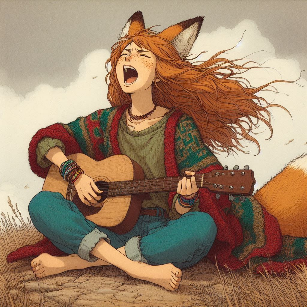 Melancholy of the Leaden Sky - My, Neural network art, Нейронные сети, Art, Girls, Anime, Anime art, Original character, Animal ears, Tail, Kitsune, Redheads, Freckles, Guitar, Autumn, Poncho, Melancholy, Ginger & White, Longpost