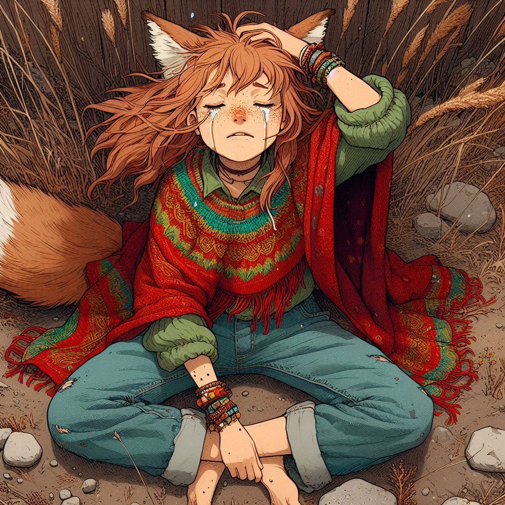 Melancholy of the Leaden Sky - My, Neural network art, Нейронные сети, Art, Girls, Anime, Anime art, Original character, Animal ears, Tail, Kitsune, Redheads, Freckles, Guitar, Autumn, Poncho, Melancholy, Ginger & White, Longpost