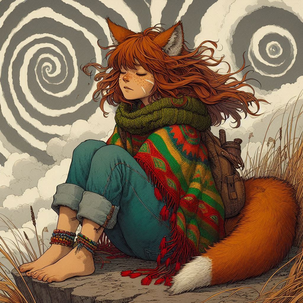 Melancholy of the Leaden Sky - My, Neural network art, Нейронные сети, Art, Girls, Anime, Anime art, Original character, Animal ears, Tail, Kitsune, Redheads, Freckles, Guitar, Autumn, Poncho, Melancholy, Ginger & White, Longpost