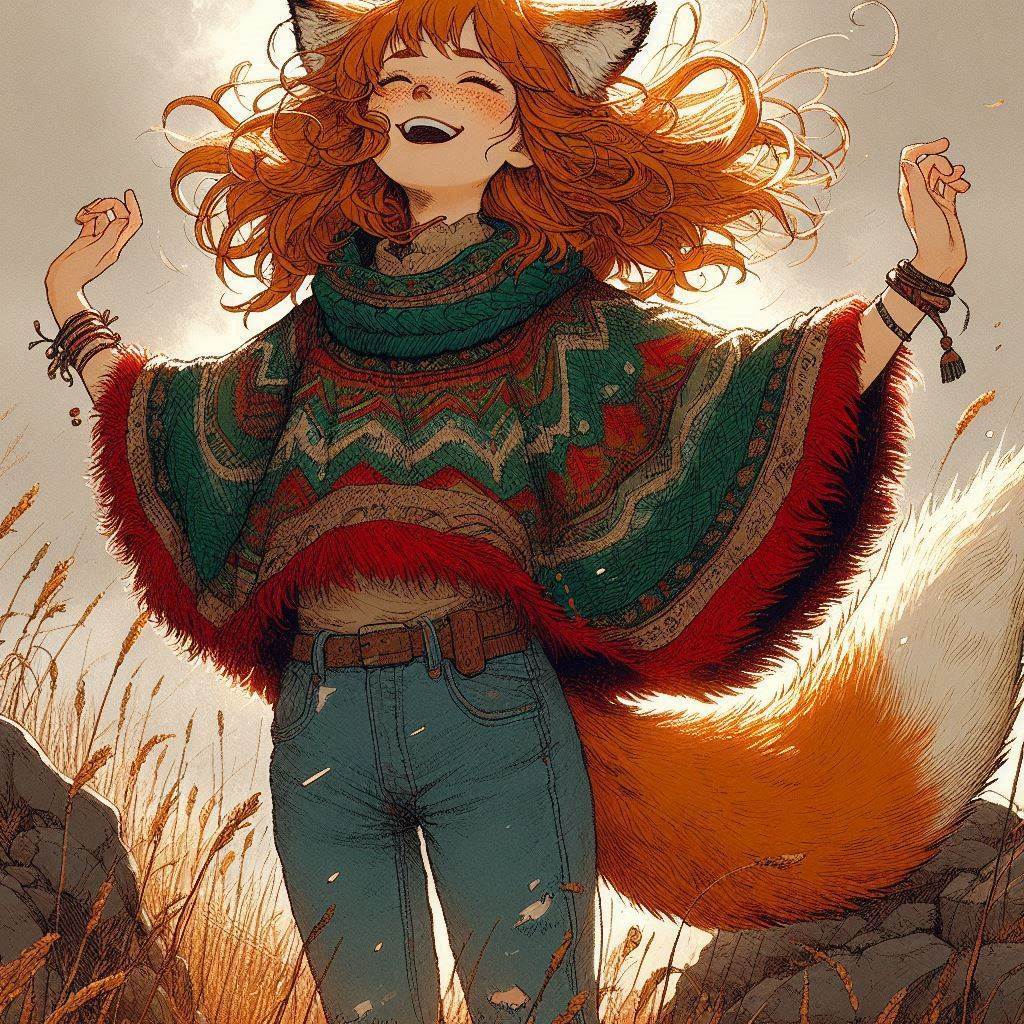 Melancholy of the Leaden Sky - My, Neural network art, Нейронные сети, Art, Girls, Anime, Anime art, Original character, Animal ears, Tail, Kitsune, Redheads, Freckles, Guitar, Autumn, Poncho, Melancholy, Ginger & White, Longpost