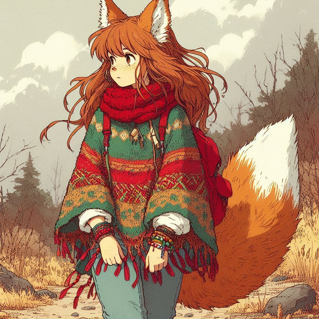 Melancholy of the Leaden Sky - My, Neural network art, Нейронные сети, Art, Girls, Anime, Anime art, Original character, Animal ears, Tail, Kitsune, Redheads, Freckles, Guitar, Autumn, Poncho, Melancholy, Ginger & White, Longpost