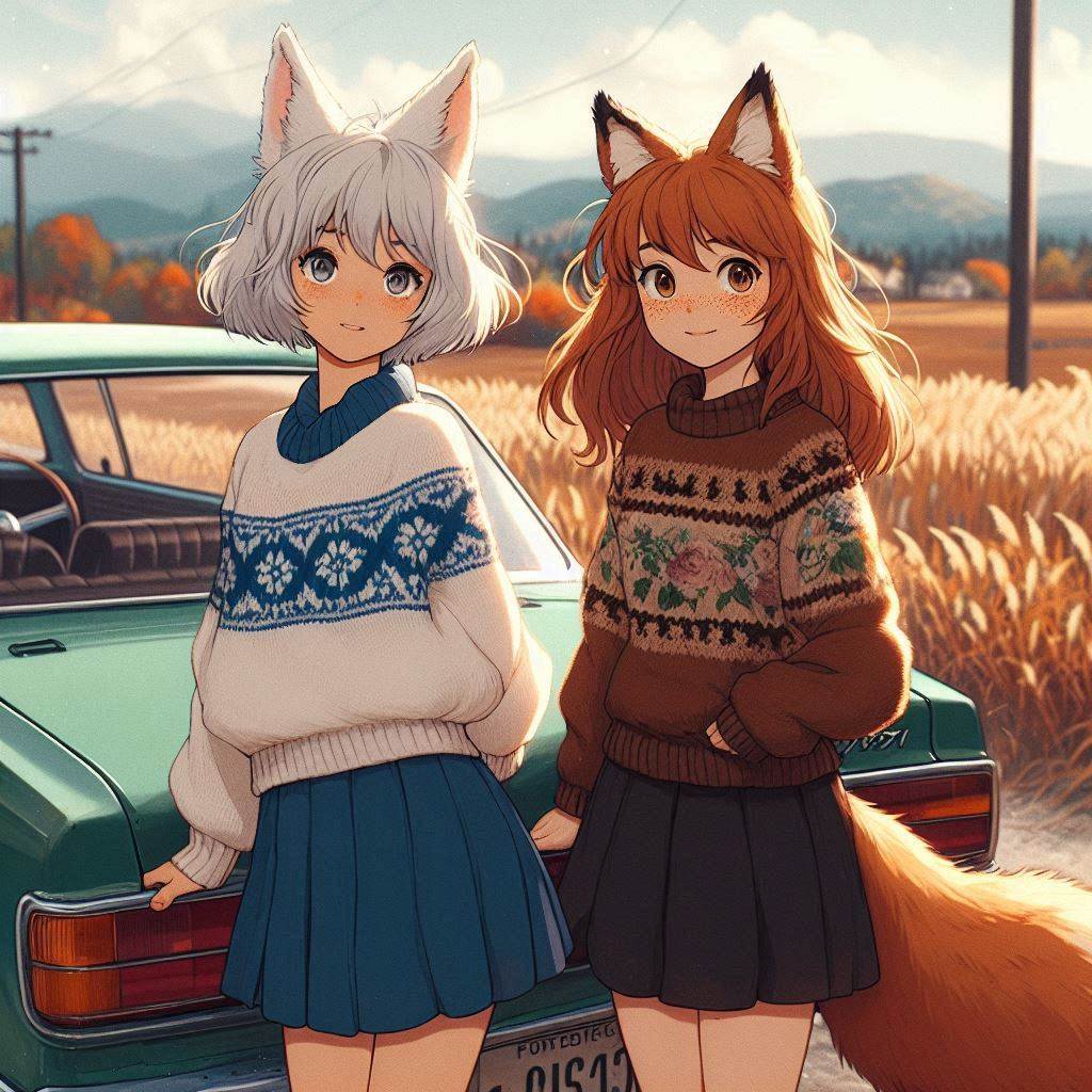 Cake Tour (e02) - My, Neural network art, Нейронные сети, Art, Girls, Anime art, Anime, Original character, Kitsune, Animal ears, Tail, Cake, Cafe, Travels, Drive, Autumn, Ginger & White, Longpost