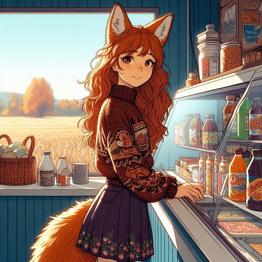 Cake Tour (e02) - My, Neural network art, Нейронные сети, Art, Girls, Anime art, Anime, Original character, Kitsune, Animal ears, Tail, Cake, Cafe, Travels, Drive, Autumn, Ginger & White, Longpost