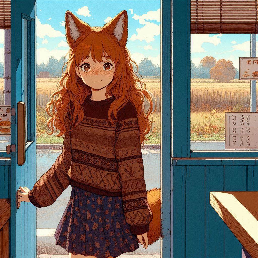 Cake Tour (e02) - My, Neural network art, Нейронные сети, Art, Girls, Anime art, Anime, Original character, Kitsune, Animal ears, Tail, Cake, Cafe, Travels, Drive, Autumn, Ginger & White, Longpost