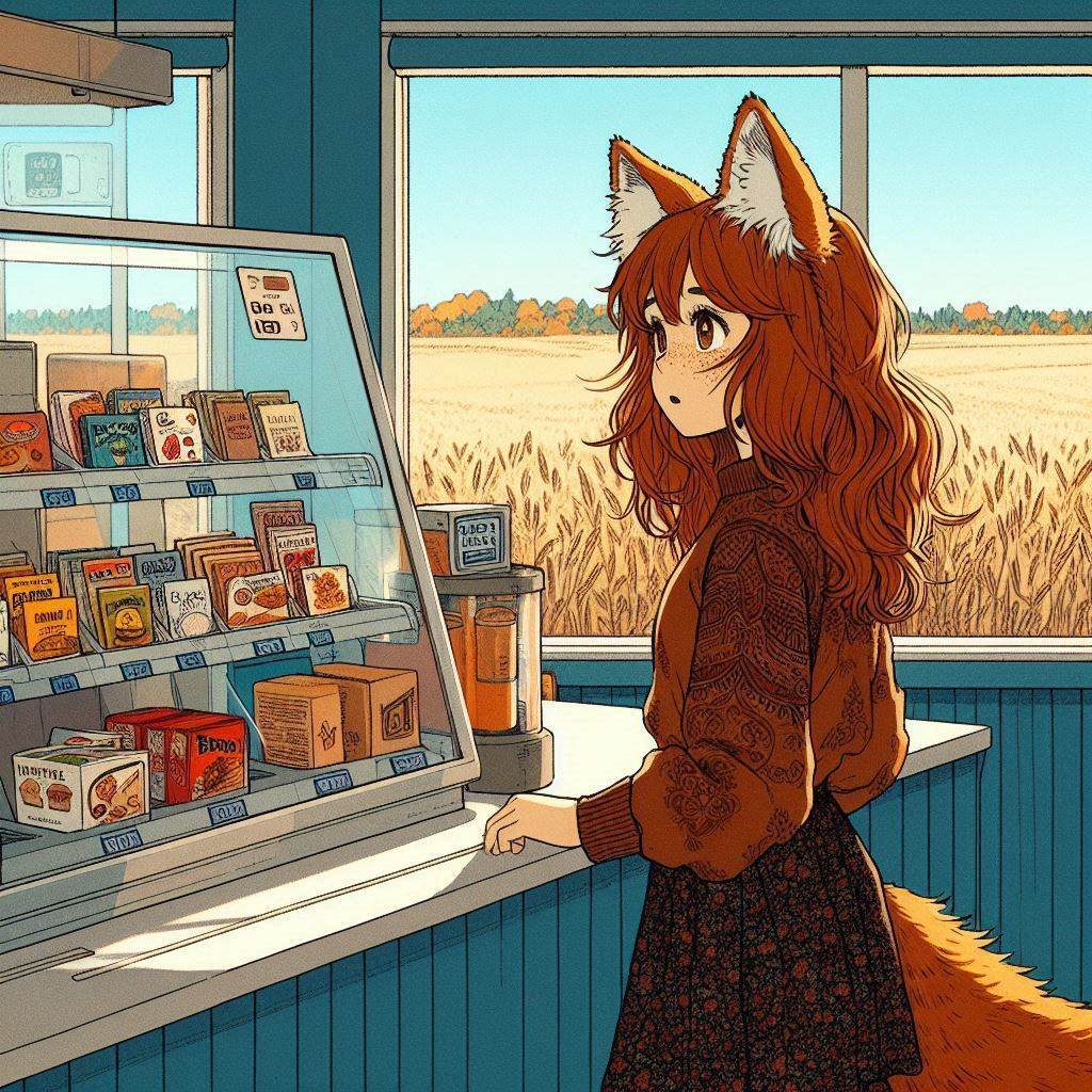 Cake Tour (e02) - My, Neural network art, Нейронные сети, Art, Girls, Anime art, Anime, Original character, Kitsune, Animal ears, Tail, Cake, Cafe, Travels, Drive, Autumn, Ginger & White, Longpost