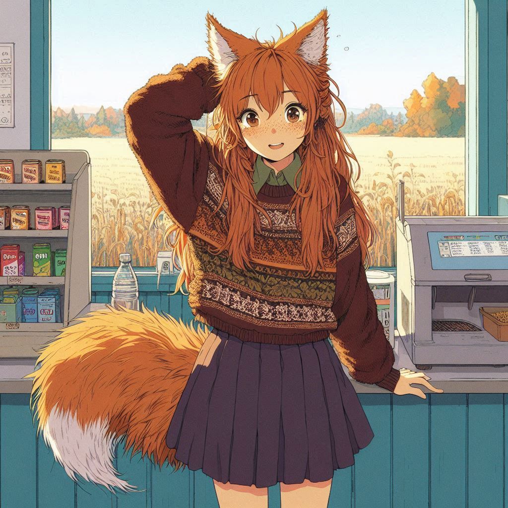 Cake Tour (e02) - My, Neural network art, Нейронные сети, Art, Girls, Anime art, Anime, Original character, Kitsune, Animal ears, Tail, Cake, Cafe, Travels, Drive, Autumn, Ginger & White, Longpost