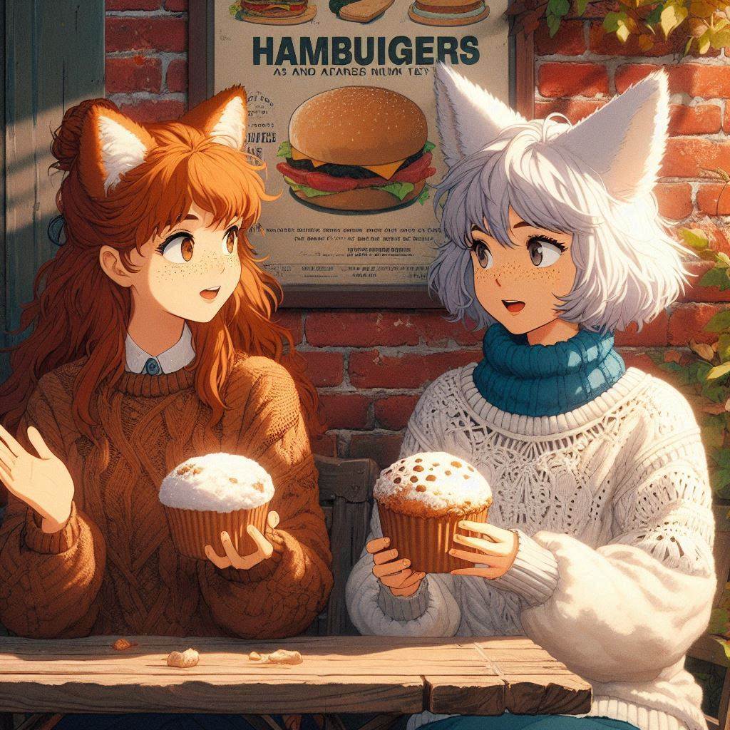 Cake Tour (e02) - My, Neural network art, Нейронные сети, Art, Girls, Anime art, Anime, Original character, Kitsune, Animal ears, Tail, Cake, Cafe, Travels, Drive, Autumn, Ginger & White, Longpost