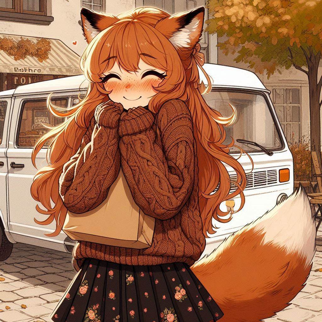 Cake Tour (e03) - My, Neural network art, Нейронные сети, Art, Anime, Anime art, Girls, Original character, Kitsune, Animal ears, Tail, Redheads, Freckles, Neko, Cake, Travels, Drive, Autumn, Ginger & White, Longpost