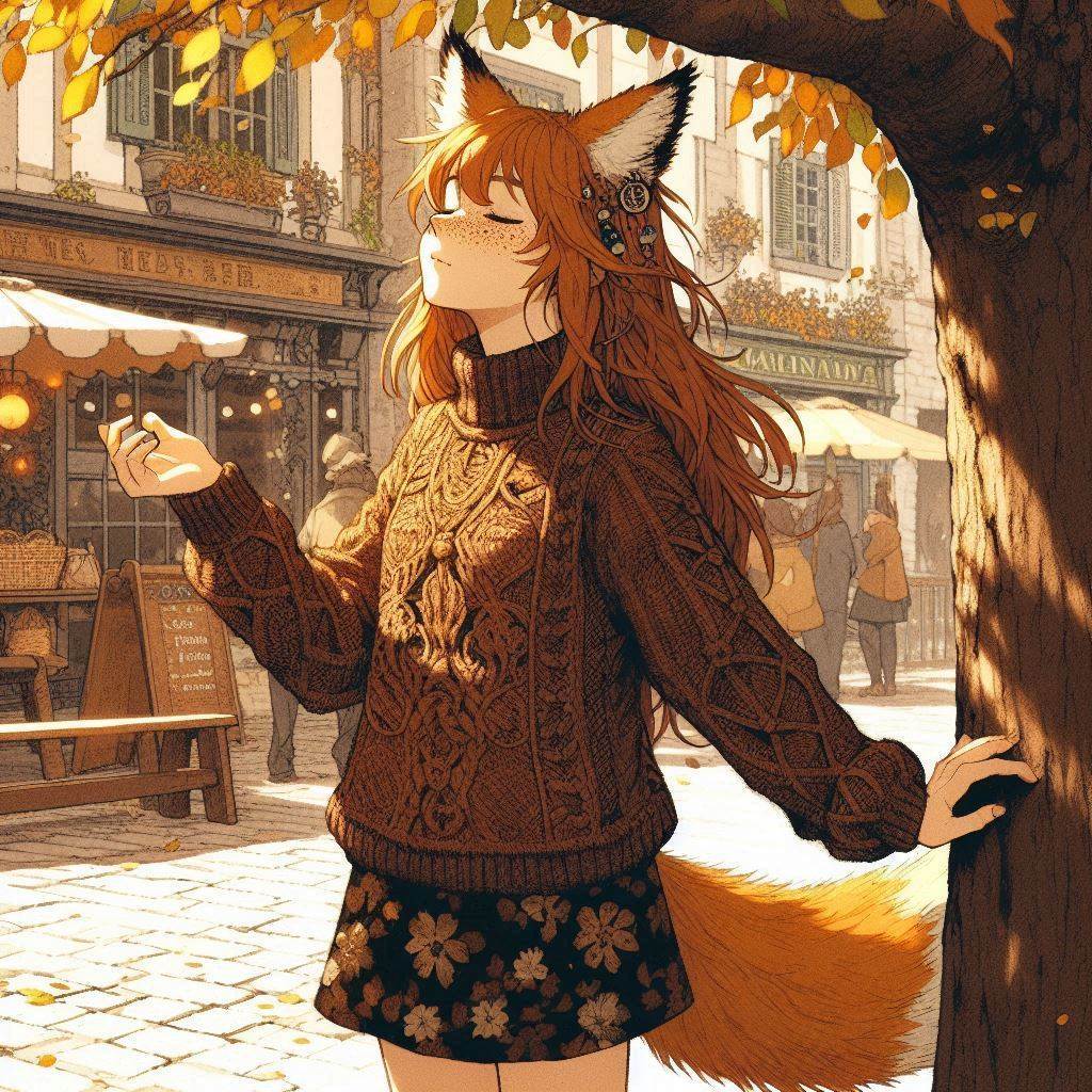 Cake Tour (e03) - My, Neural network art, Нейронные сети, Art, Anime, Anime art, Girls, Original character, Kitsune, Animal ears, Tail, Redheads, Freckles, Neko, Cake, Travels, Drive, Autumn, Ginger & White, Longpost