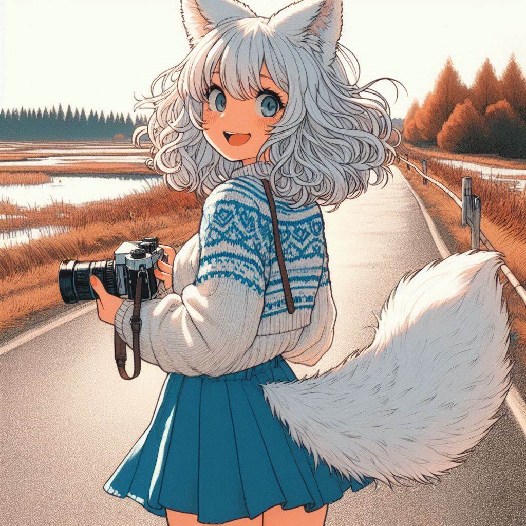 Cake Tour (e02) - My, Neural network art, Нейронные сети, Art, Girls, Anime art, Anime, Original character, Kitsune, Animal ears, Tail, Cake, Cafe, Travels, Drive, Autumn, Ginger & White, Longpost