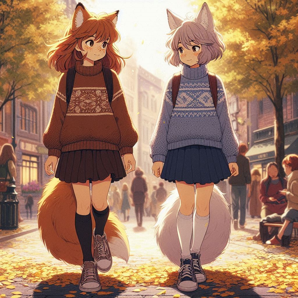 Cake Tour (e03) - My, Neural network art, Нейронные сети, Art, Anime, Anime art, Girls, Original character, Kitsune, Animal ears, Tail, Redheads, Freckles, Neko, Cake, Travels, Drive, Autumn, Ginger & White, Longpost