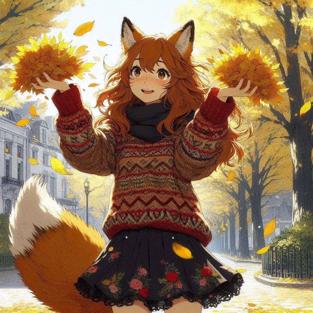 Cake Tour (e03) - My, Neural network art, Нейронные сети, Art, Anime, Anime art, Girls, Original character, Kitsune, Animal ears, Tail, Redheads, Freckles, Neko, Cake, Travels, Drive, Autumn, Ginger & White, Longpost