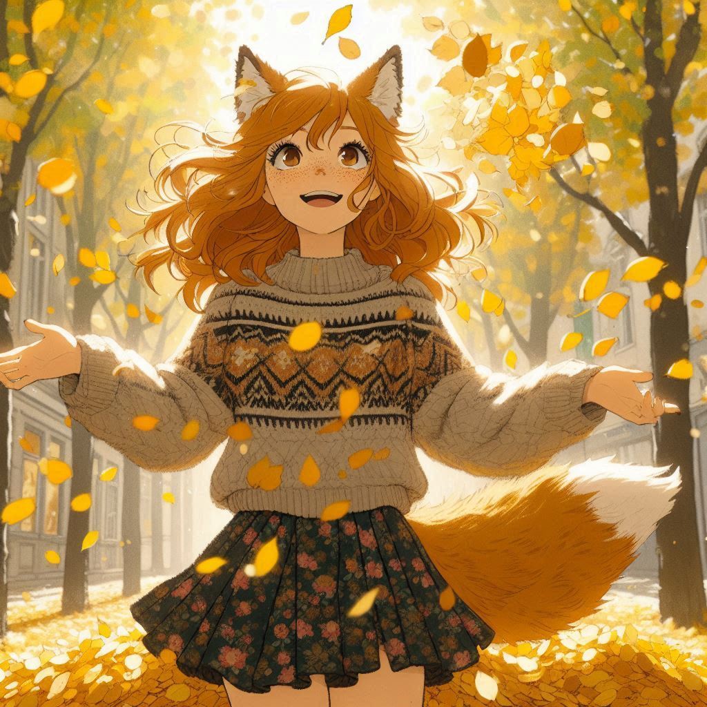 Cake Tour (e03) - My, Neural network art, Нейронные сети, Art, Anime, Anime art, Girls, Original character, Kitsune, Animal ears, Tail, Redheads, Freckles, Neko, Cake, Travels, Drive, Autumn, Ginger & White, Longpost