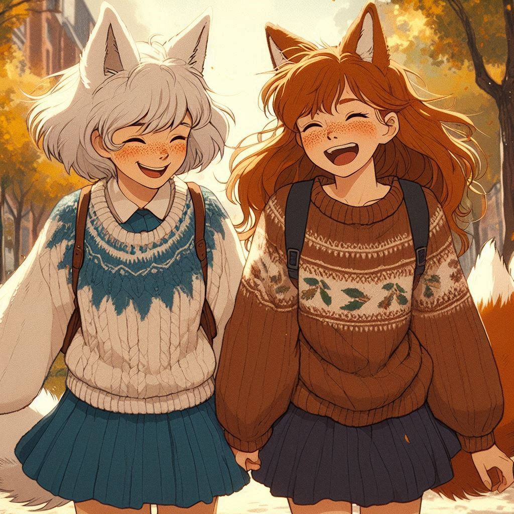 Cake Tour (e03) - My, Neural network art, Нейронные сети, Art, Anime, Anime art, Girls, Original character, Kitsune, Animal ears, Tail, Redheads, Freckles, Neko, Cake, Travels, Drive, Autumn, Ginger & White, Longpost