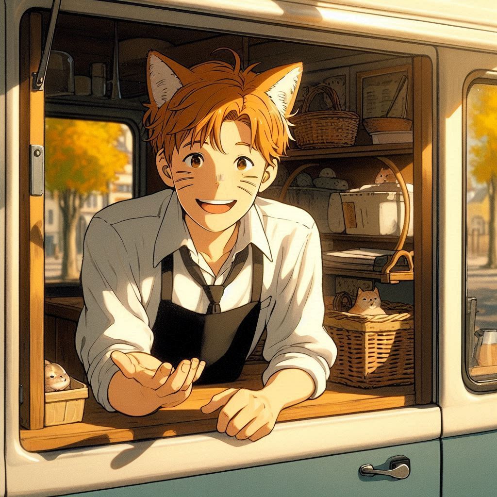 Cake Tour (e03) - My, Neural network art, Нейронные сети, Art, Anime, Anime art, Girls, Original character, Kitsune, Animal ears, Tail, Redheads, Freckles, Neko, Cake, Travels, Drive, Autumn, Ginger & White, Longpost