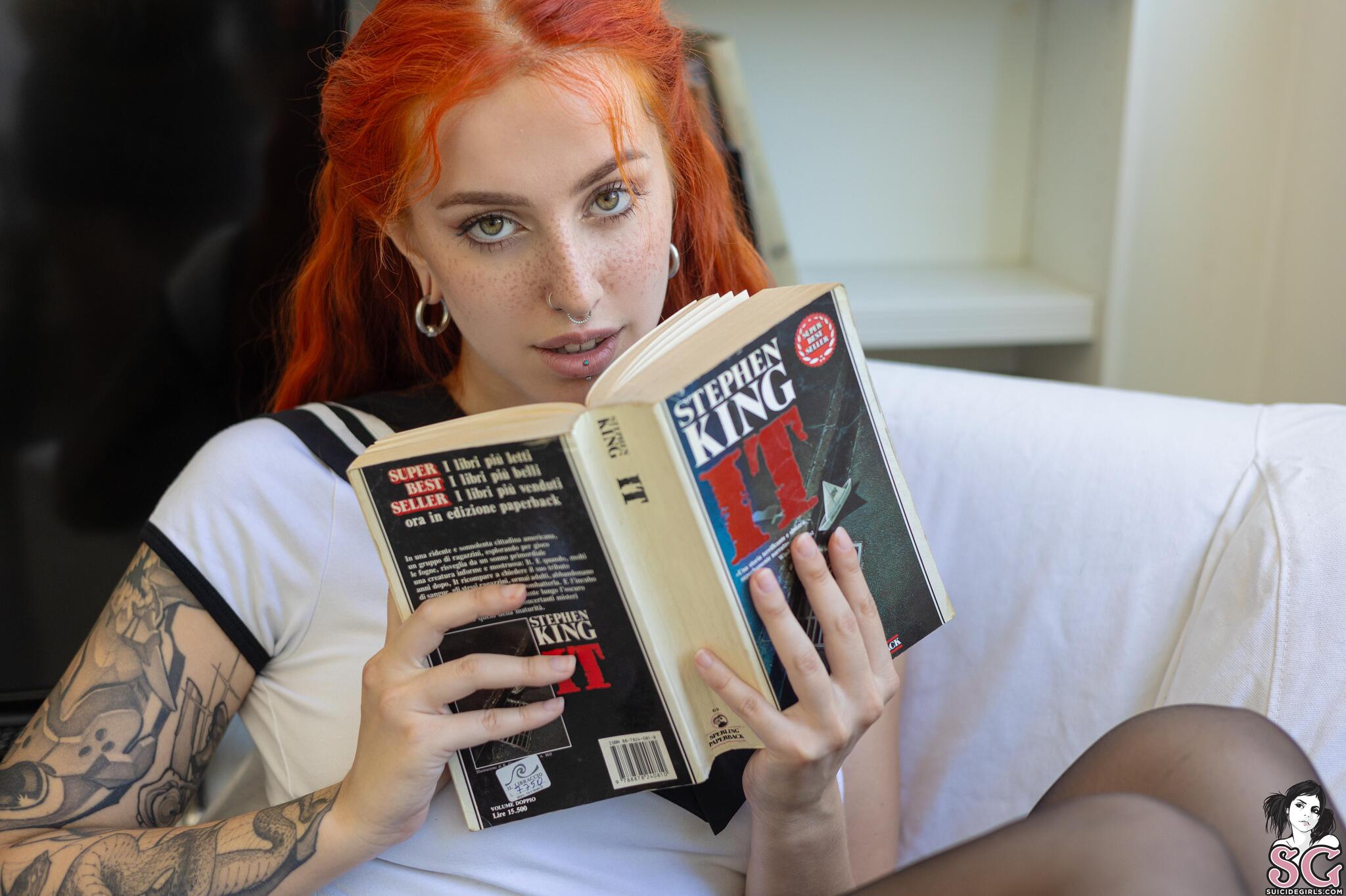 Violetlatte - Red Reading - Suicide girls, Girls, Erotic, Booty, Boobs, Girl with tattoo, Piercing, Labia, Stockings, Redheads, It, Longpost, 18+, NSFW