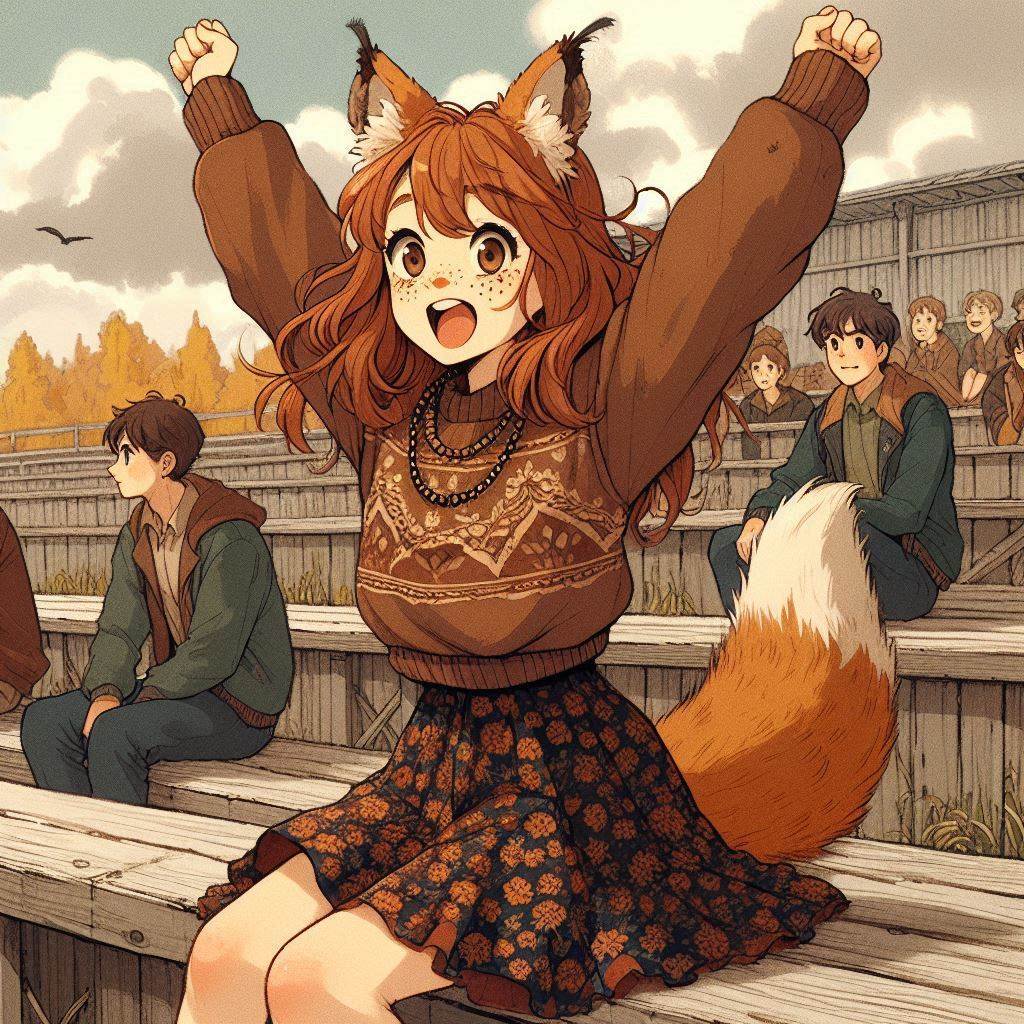 Cake Tour (e04) - My, Neural network art, Нейронные сети, Art, Girls, Anime, Anime art, Original character, Kitsune, Animal ears, Tail, Travels, Drive, Cake, Autumn, Ginger & White, Longpost