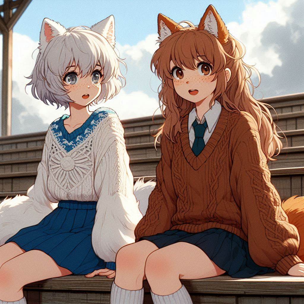 Cake Tour (e04) - My, Neural network art, Нейронные сети, Art, Girls, Anime, Anime art, Original character, Kitsune, Animal ears, Tail, Travels, Drive, Cake, Autumn, Ginger & White, Longpost