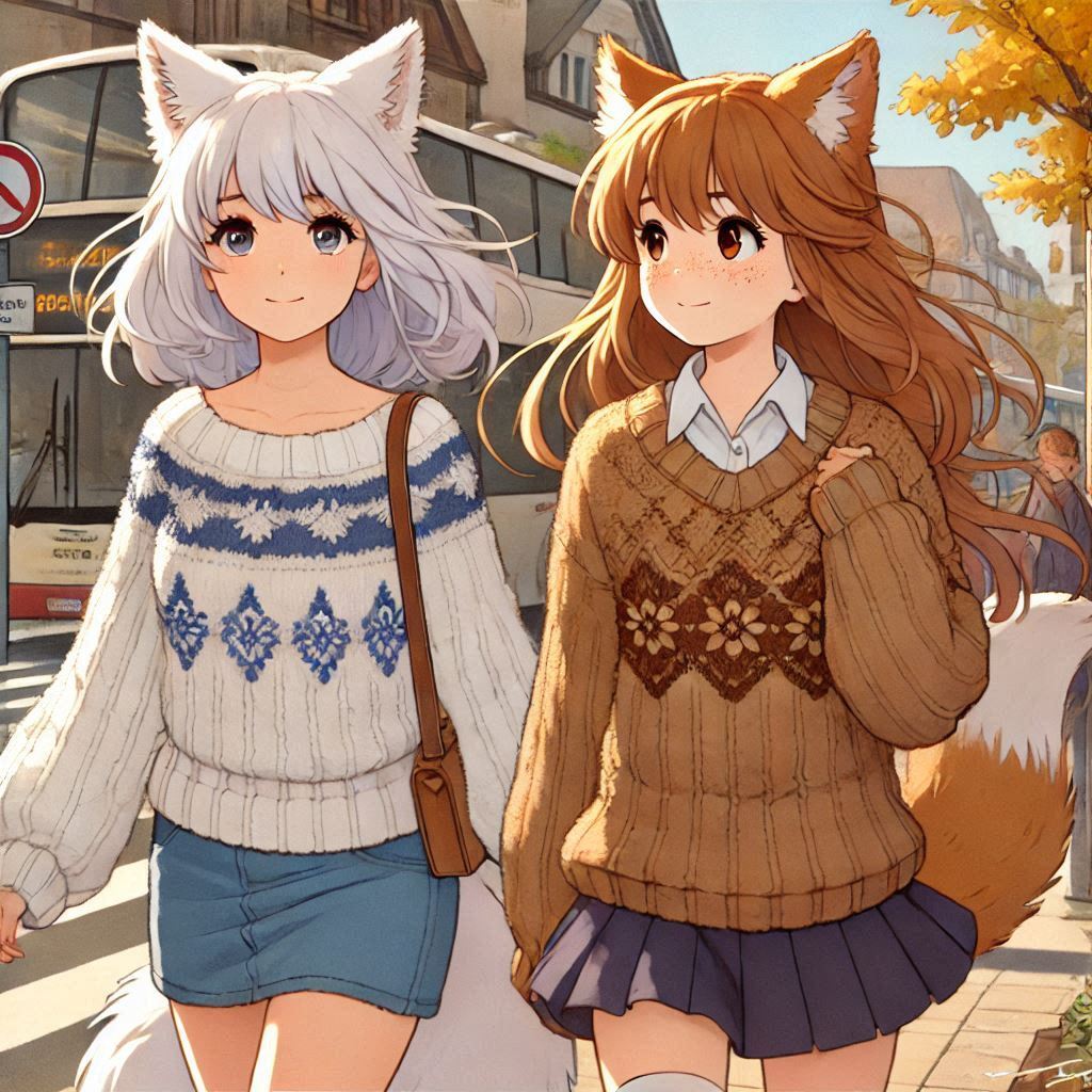 Cake Tour (e03) - My, Neural network art, Нейронные сети, Art, Anime, Anime art, Girls, Original character, Kitsune, Animal ears, Tail, Redheads, Freckles, Neko, Cake, Travels, Drive, Autumn, Ginger & White, Longpost