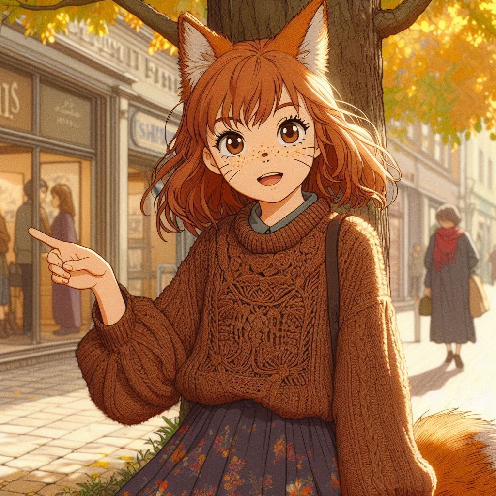 Cake Tour (e03) - My, Neural network art, Нейронные сети, Art, Anime, Anime art, Girls, Original character, Kitsune, Animal ears, Tail, Redheads, Freckles, Neko, Cake, Travels, Drive, Autumn, Ginger & White, Longpost