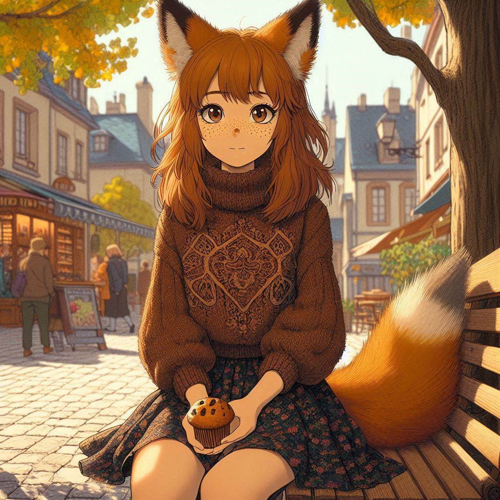 Cake Tour (e03) - My, Neural network art, Нейронные сети, Art, Anime, Anime art, Girls, Original character, Kitsune, Animal ears, Tail, Redheads, Freckles, Neko, Cake, Travels, Drive, Autumn, Ginger & White, Longpost