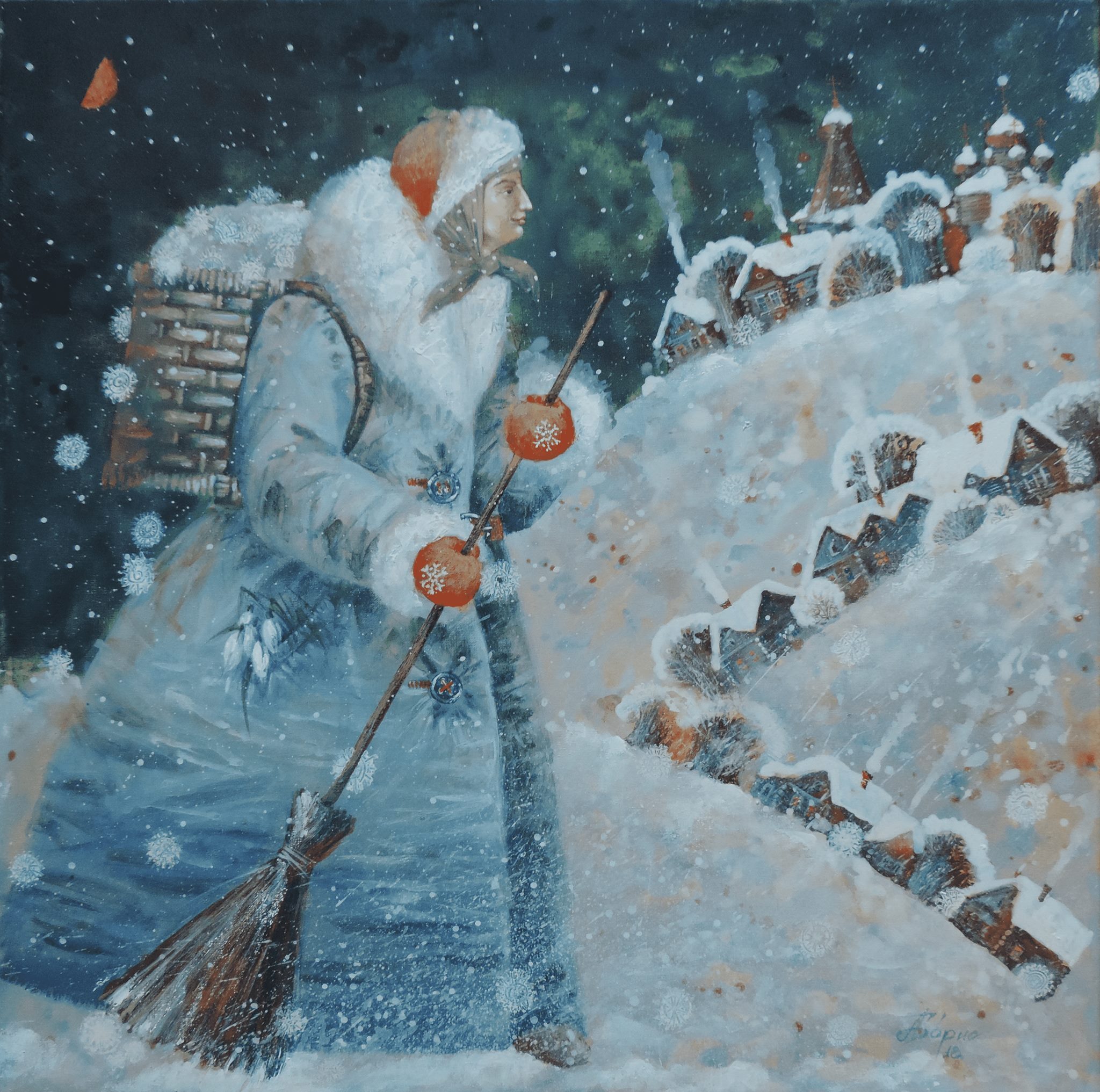 Auntie Blizzard - My, Modern Art, Art, Painting, Fantasy, Art, Blizzard, Winter, Canvas, Tempera, Author's painting, moon, Month, Painting, Church, Temple, Village, Snow, Broom, Izba, Longpost