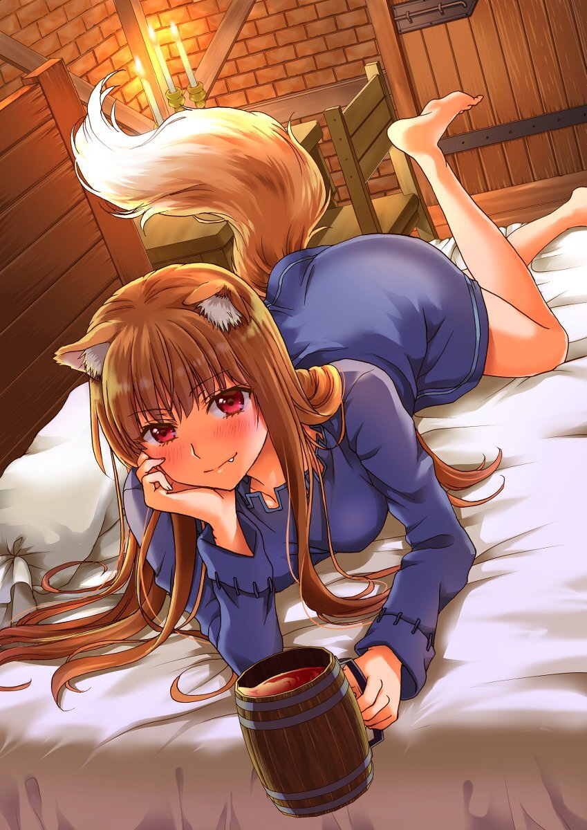 I ate all the apples in the house, now I can relax. - Anime, Anime art, Girls, Spice and wolf, Holo, Animal ears, Tail, Wine