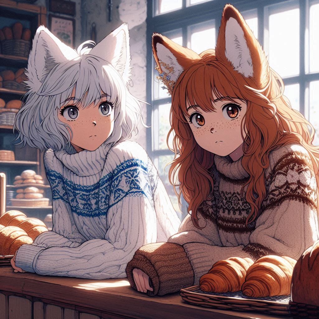 Cake Tour (e04) - My, Neural network art, Нейронные сети, Art, Girls, Anime, Anime art, Original character, Kitsune, Animal ears, Tail, Travels, Drive, Cake, Autumn, Ginger & White, Longpost