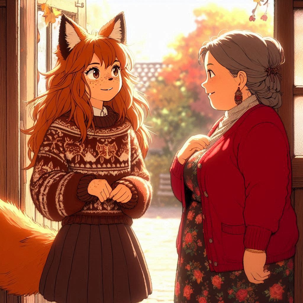 Cake Tour (e04) - My, Neural network art, Нейронные сети, Art, Girls, Anime, Anime art, Original character, Kitsune, Animal ears, Tail, Travels, Drive, Cake, Autumn, Ginger & White, Longpost