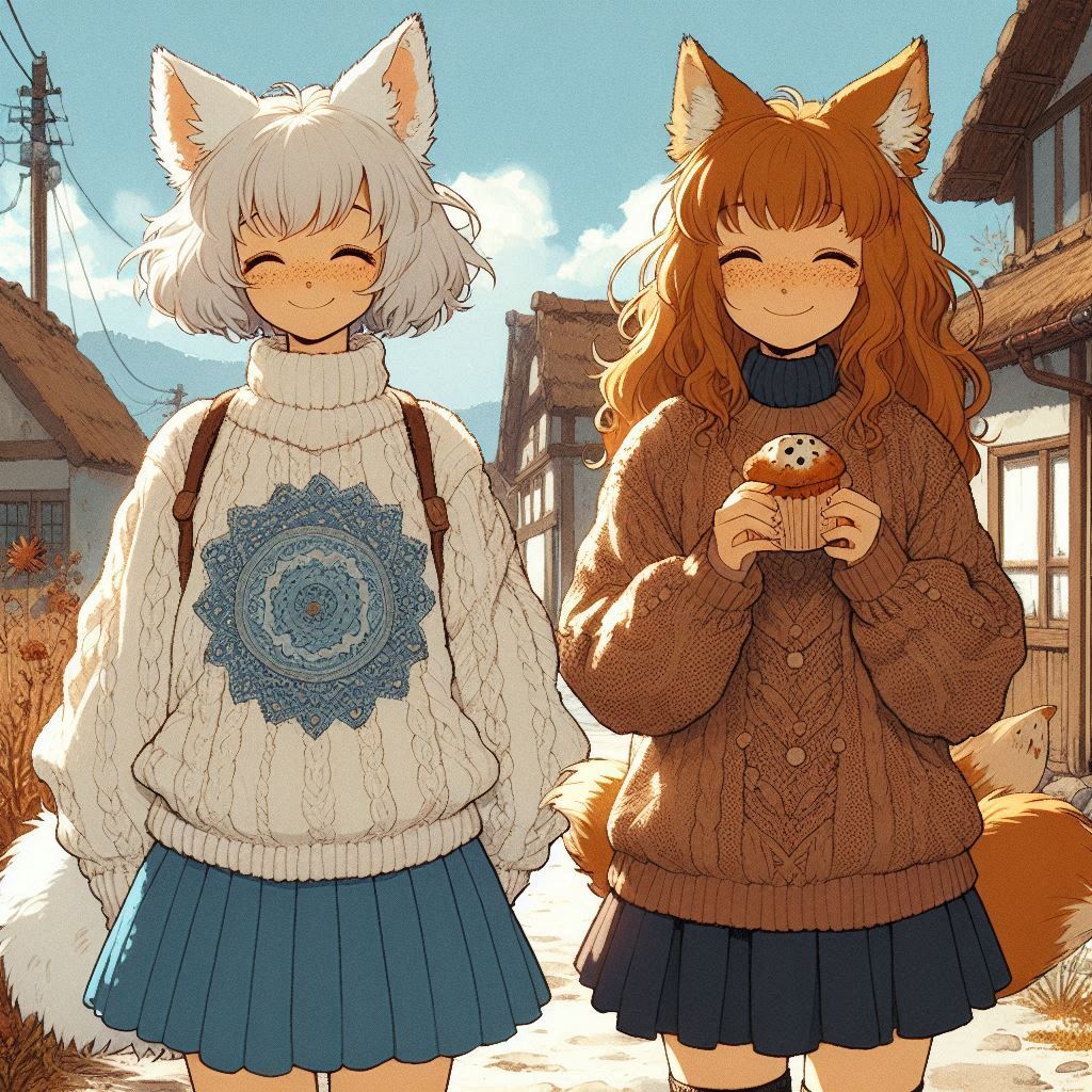 Cake Tour (e04) - My, Neural network art, Нейронные сети, Art, Girls, Anime, Anime art, Original character, Kitsune, Animal ears, Tail, Travels, Drive, Cake, Autumn, Ginger & White, Longpost